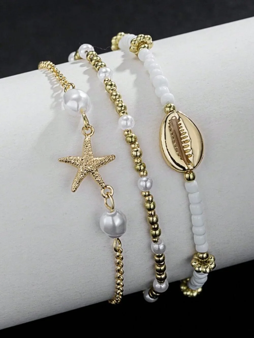 Boho Women's Beach Style Metal Starfish & Shell Beaded Anklet Set